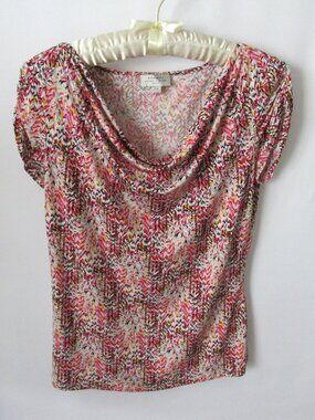 Tahari pink black geo drape neck short sleeve stretch top *Sz PS*